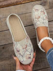 女士几何趾环穆勒鞋，波西米亚风圆头防滑亚麻木底凉鞋，休闲拖鞋