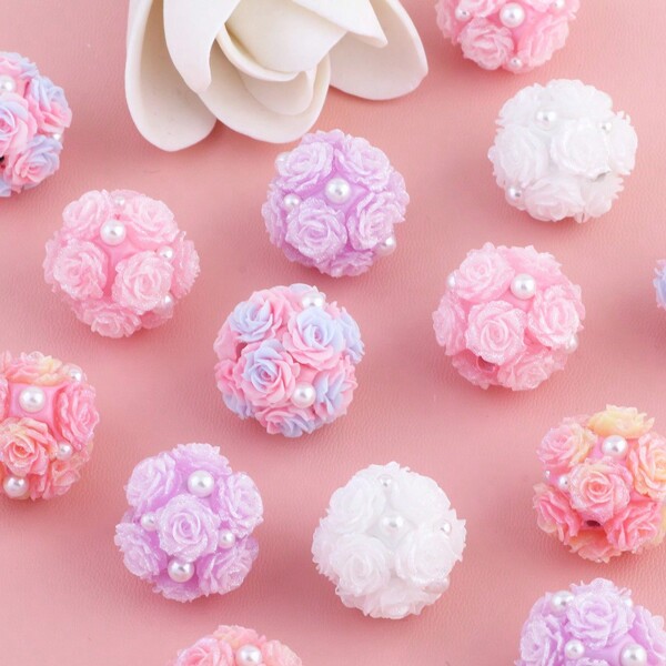 5 Pcs Faux Pearl Rose Luminous Flower Ball Beads, Can Wear Straight Hole Beads, Suitable For DIY Mobile Phone Chain, Key Chain, Chain Accessories