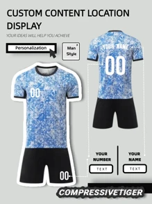 2pcs Personalized Soccer Jersey - Customizable Name And Number Print Short Sleeve T-Shirt + Shorts Co-Ord Quick-Drying Sweat-Absorbing Sports Set As Gift Stylish,Fashion,Hipster,Casual,Minimal Chic Personalized,Customized,Custom,Unique Guy Costumes,Capsule Wardrobe,Men Basic/Street Style Ideal Gifts For Him Boyfriend,Family,Friends For Birthdays,For Vacation/Holiday,For School/Competition,For Sports/Climbing - Blue - View 1