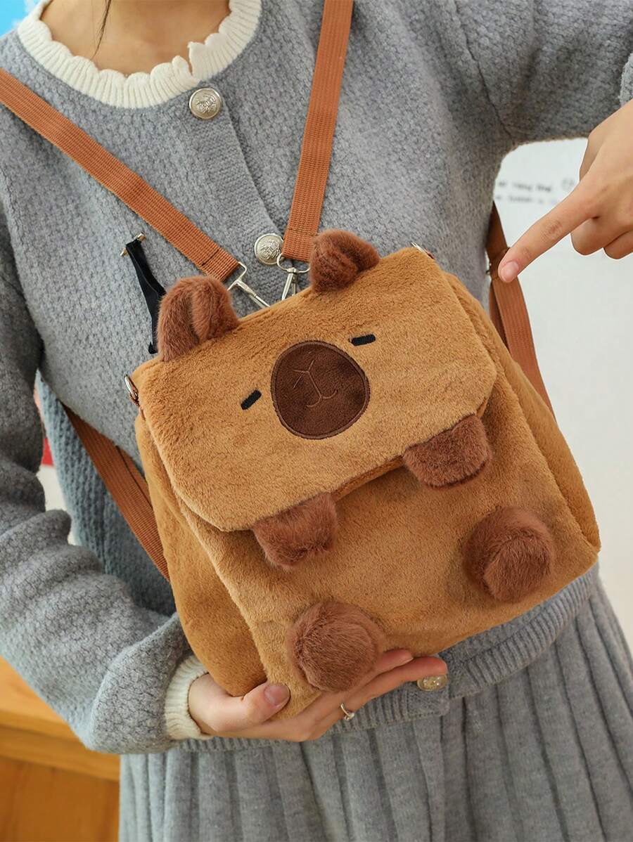 Multi-Use Fluffy Bag, Girl's Shoulder Sweet Student Backpack, Autumn And Winter Popular Capybara Cartoon Double-Shoulder - Brown - View 1