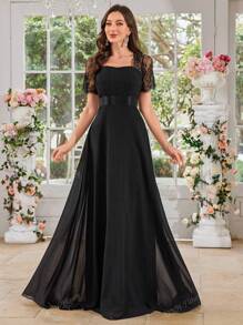 UNITHORSE Women's Square Neck Lace Short Sleeve Patchwork Solid Color Chiffon Pleated Waist Flare Elegant Bridesmaid Dress