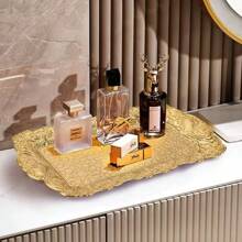 1 pieza Platillo estilo europeo enchapado en oro para dim sum, fruta seca, expositor para cupcakes, accesorios para fotografía, almacenamiento de joyas, bandeja de almacenamiento rectangular para tocador, base para vela, centro de mesa para días festivos, decoración para hotel, hogar u oficina, fiesta de cumpleaños