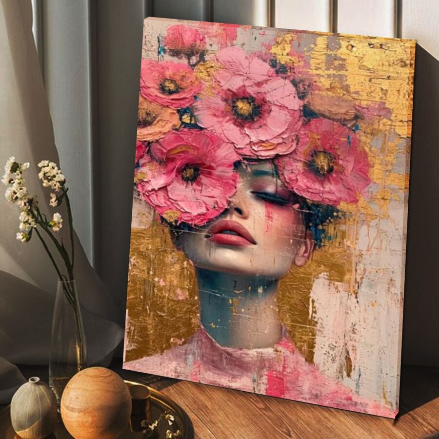 1pc Framed Canvas Poster, Woman With A Wreath Of Large, Pink Flowers Wall Art Canvas Paintings, Ideal Gift For Bedroom Living Room Corridor, Wall Art, Room Decoration - Multicolor - View 1