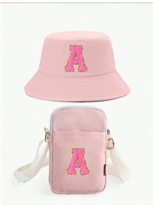 2pcs/Set Kids 26 Letter Bucket Hat & Bag Set, Suitable For Boys And Girls Daily Outing Fashion Matching, Perfect Gift, Spring & Summer - Pink - View 24