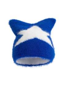 1pc Men's New Cute Street-Style Pentagram Embroidery Fluffy Cat Ear Knitted Beanie Hat, Warm Ear Protection, Autumn