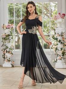 UNITHORSE Women's V-Neck Sleeveless Beaded Patchwork Slit Flared Design Elegant Evening Party Bridesmaid Dress - Black - View 2