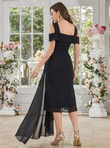 UNITHORSE Women's V-Neck Sleeveless Beaded Patchwork Slit Flared Design Elegant Evening Party Bridesmaid Dress - Black - View 3