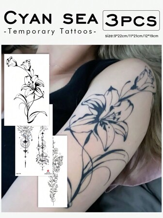 Cyan sea 1 st vattentät, svettsäker, icke-reflekterande tillfällig tatuering, flera trendiga Y2K-designer inklusive svart bläck, blommor, lotus, fjärilsmönster, lämplig för modeungdomar dagligt bruk, konstnärlig falsk tatuering, konstverk från engelska fraser, festfavoriter och presentidéer