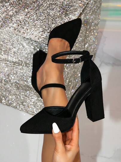 Fall/Winter Women's Pointed Toe Hollow-Out Block Heel Black Pumps,Elegant,Chunky Heels