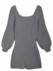 方领泡泡袖弹力修身长袖毛衣连衣裙