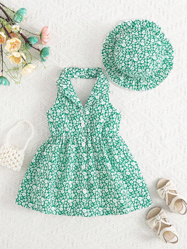 2pcs/Set Baby Girls Ditsy Floral Casual Dress & Hat Outfit, Summer