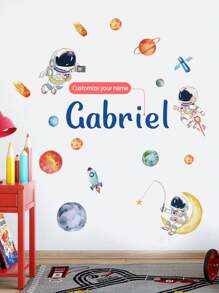 1pc Personalized Name Astronaut Wall Sticker For Boys Bedroom, Cartoon Spaceman Alien Planets Creative Removable Wall Decal, Star Spaceship Wallpaper Decoration For Kids Room, Nursery Gifts Birthday Graduation