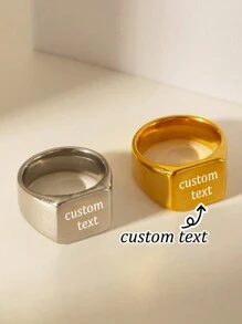 1pc Stainless Steel Square Engraved Plain Elegant English Letter & Number Design Ring, Ideal Gift For Mother's Day, Father's Day, Christmas, Girlfriend, Boyfriend, Valentine's Day