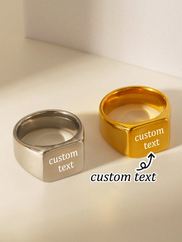 1pc Stainless Steel Square Engraved Plain Elegant English Letter & Number Design Ring, Ideal Gift For Mother's Day, Father's Day, Christmas, Girlfriend, Boyfriend, Valentine's Day