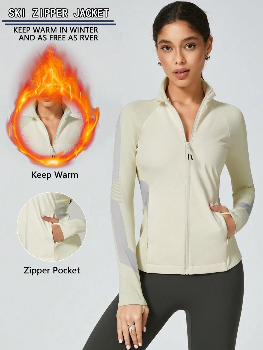 Chaqueta de mujer de moda con forro de sherpa, cuello alto, bolsillos con cremallera, abrigo de esquí, conjunto de esquí blanco - Blanco - Ver 1