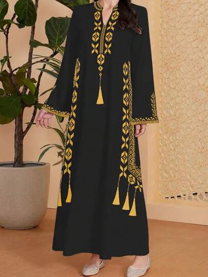 Abito lungo con maniche lunghe, scollo a tacca e stampa geometrica, abito lungo elegante, abbigliamento da donna, modesto