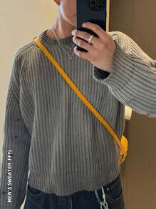 Oversized Casual Knit Sweater With Pearled Texture, Streetwear Style, Unisex Design, Long Sleeve Cropped Pullover With Distressed Details, Round Neck, Suitable For Autumn And Winter - Grey - View 3