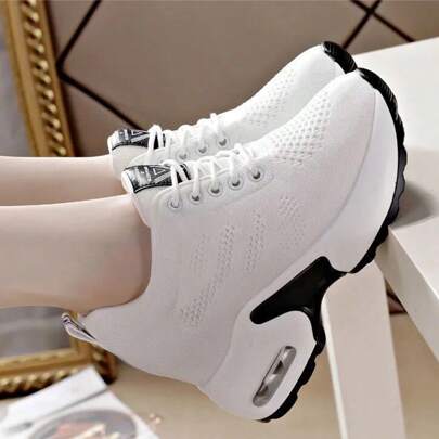 Zapatillas deportivas deplataforma de tejido transpirablepara mujer,cazadocasual y cómodo que aumenta laaltura,con cordón diseño ,Zapatillas de cuña conplataforma para muier,zapatos casuales concordones para exteriores,Blanco