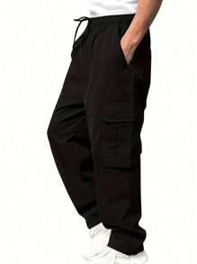 Men's Cargo Belt Pocket Hiking Pants Casual Sports Jogging Outdoor Pants Loose Version - 黑色 - 查看 4