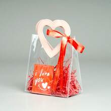 TIMBLESSING 1pc Transparent Heart-Shaped Gift Bag With Card, Red Raffia Paper, And Red LOVE Ribbon, Suitable For Valentine's Day, Parties, Couples, Ladies, And Gift Exchanges,Birthday,Bride,Wedding - Multicolor - View 4