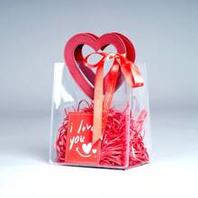 TIMBLESSING 1pc Transparent Heart-Shaped Gift Bag With Card, Red Raffia Paper, And Red LOVE Ribbon, Suitable For Valentine's Day, Parties, Couples, Ladies, And Gift Exchanges,Birthday,Bride,Wedding - Multicolor - View 5