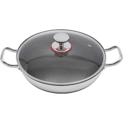 SimbkIuils 13-Inch Stainless Steel Skillet With Lid, Non-Stick, Kitchen Flat Frying Pan, Professional Cookware For All Cooktops