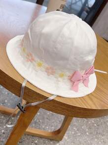 1pc Girls' Spring/Summer Korean Style Floral Bow Bucket Hat, Adjustable Brim, Foldable, Wide Brim Sun Protection, Minimalist Korean Style, Suitable For Outdoor Activities, Pink - 1PC - View 3