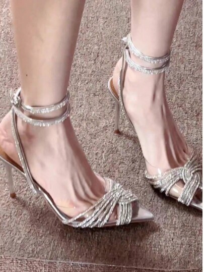 Women's Rhinestone Embellished Crisscross Closed Toe High Heel Sandals, Suitable For Various Occasions