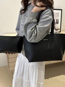 2 件女士纯色绗缝衬里手提包，时尚大容量单肩手提包，磁扣，休闲街头风格，适合日常通勤、摄影 - 黑色 - 查看 2