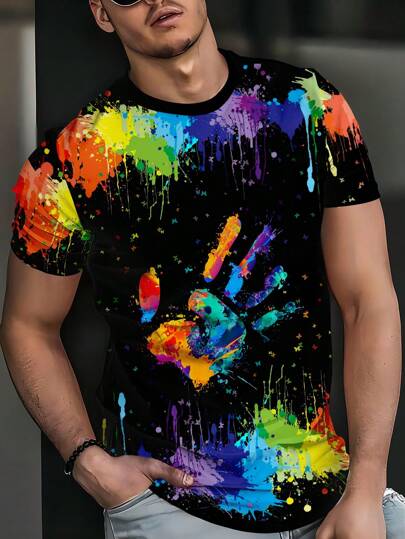 Men's Graffiti Palm Graphic Print T-Shirt, Casual Short Sleeve Crew Neck T-Shirt, Summer Outdoor Men's Wear