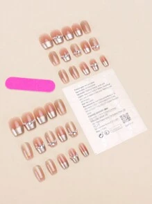 30 piezas de parches de uñas falsas en forma de ataúd corto, con diamantes brillantes, con un estilo francés dulce y fresco para mujeres, nuevos y de moda, que se adaptan a las yemas de los dedos, que incluyen 1 pieza de pegamento de gelatina y 1 pieza de tira abrasiva, adecuados para fiestas de mujeres, bailes, uso casual diario, uñas postizas desprendibles y reutilizables