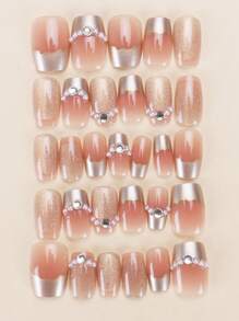 30 piezas de parches de uñas falsas en forma de ataúd corto, con diamantes brillantes, con un estilo francés dulce y fresco para mujeres, nuevos y de moda, que se adaptan a las yemas de los dedos, que incluyen 1 pieza de pegamento de gelatina y 1 pieza de tira abrasiva, adecuados para fiestas de mujeres, bailes, uso casual diario, uñas postizas desprendibles y reutilizables