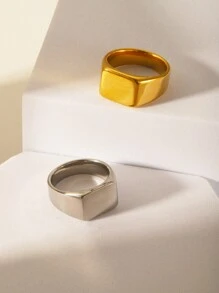 1pc Stainless Steel Square Engraved Plain Elegant English Letter & Number Design Ring, Ideal Gift For Mother's Day, Father's Day, Christmas, Girlfriend, Boyfriend, Valentine's Day