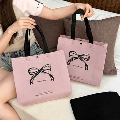 50 Pcs Non Woven Gift Tote Bag,Valentine's Day Party Gift Bags, Pink Bow Shape Gift Bag, Lightweight, Portable Bow Pattern Pattern Large Capacity Handbag, New Year, Wedding, Shopping Bag,Birthday Gift Bag, Party Favor Bags