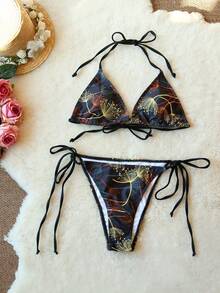 3-Piece Sexy Bikini Swimwear Set For Women, Includes Net Shawl Wrap Skirt, Strappy Back Top Swimwear With Padded Bust, Tie Side Bottom, Suitable For Summer Beach Vacation, Hot Spring