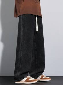 High-End Classic Straight Washed Jeans, Drawstring Elastic Waist Casual Pants, All Season - Dark Grey - View 1