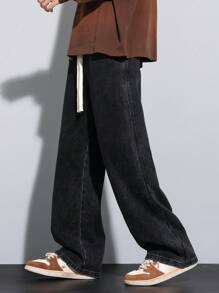 High-End Classic Straight Washed Jeans, Drawstring Elastic Waist Casual Pants, All Season - Dark Grey - View 2