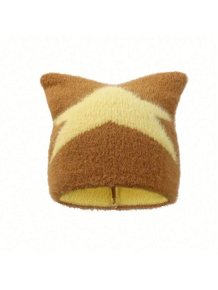 1pc Men's New Cute Street-Style Pentagram Embroidery Fluffy Cat Ear Knitted Beanie Hat, Warm Ear Protection, Autumn