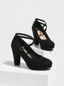 女士厚底高跟鞋，圆头厚底X型绑带黑色高跟鞋，优雅品质，适合度假、派对、日常穿着 - 黑色 - 查看 6