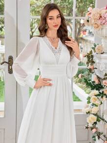 UNITHORSE Women's V-Neck Lantern Sleeve Luxurious Lace Patchwork Decor Waist Slim White Lightweight Wedding Dress,Bride, All White Party Outfit Women, For Valentine's Day - White - View 7