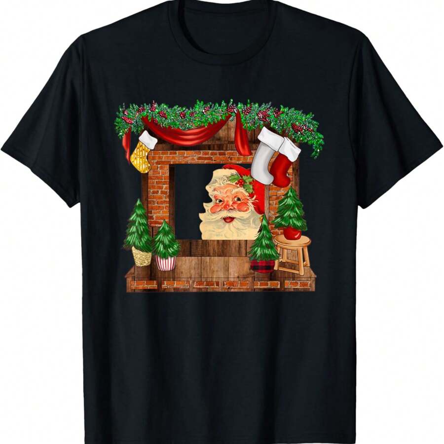 Santa Claus In The Fireplace Mantel Christmas Stockings T-Shirt.Jpg - màu đen - Xem 1