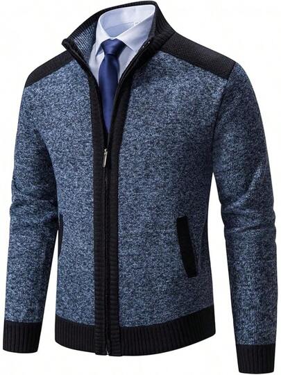 Suéter de punto con cremallera para hombres con cuello simulado y dos bolsillos frontales, ajuste slim, suéter casual