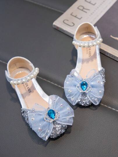 1 Pair Silver Baby Girls Flat Shoes, Rhinestone Decorated Closed Toe Princess Shoes For Spring And Autumn