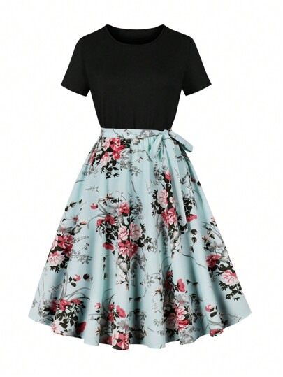 Vestido de fiesta casual de manga corta, cuello redondo, longitud hasta la rodilla, con estampado vintage elegante y cinturón, para el verano