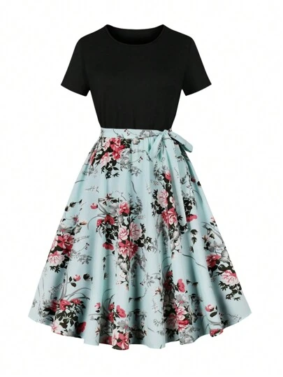 夏季优雅复古印花圆领短袖齐膝休闲派对连衣裙（配腰带）