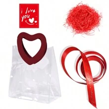 TIMBLESSING 1pc Transparent Heart-Shaped Gift Bag With Card, Red Raffia Paper, And Red LOVE Ribbon, Suitable For Valentine's Day, Parties, Couples, Ladies, And Gift Exchanges,Birthday,Bride,Wedding - Multicolor - View 9