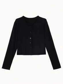 女式纯色单排扣休闲长袖 T 恤，春夏 - 黑色 - 查看 3