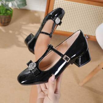 ファッショナブルなスクエアトゥメリージェーンフラットシューズ、軽量カジュアルちょう結び &ラインストーンデコレーション無地ローヒールローファー