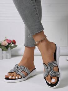 New Plus Size Rhinestone Thick Sole Fashion Slippers, Comfortable And Simple, Suitable For Home And Parties, All Season