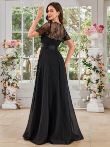 UNITHORSE Women's Sweetheart Neck Lace Short Sleeve Patchwork Solid Color Chiffon Pleated Waist Flare Elegant Bridesmaid Dress, For Valentine's Day - Black - View 2